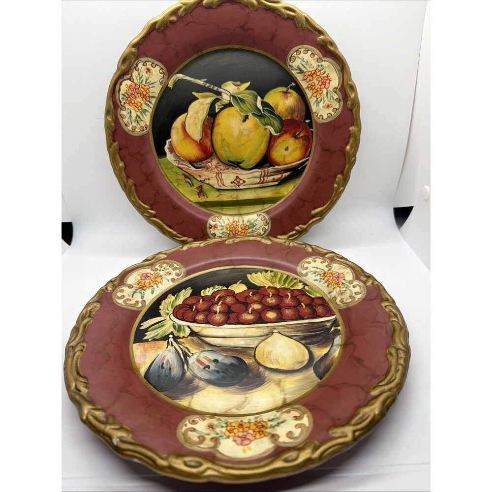 Toyo Designed By Raymond Waites set of 2 Decorative Fruit Plates Maroon Gold